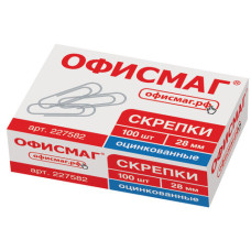 Скрепки ОФИСМАГ, 28 мм, оцинкованные, 100 шт., в картонной коробке