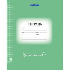 Тетрадь 12 л. BRAUBERG ЭКО "5-КА", клетка, обложка плотная мелованная бумага, ЗЕЛЕНАЯ